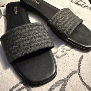 Michael Kors Black Slides with Textured Gunmetal Strap